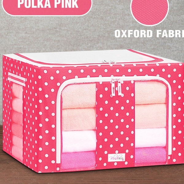 BLUSHBEES™ Oxford Fabric Stainless Steel Frame, Collapsible Storage Boxes For Winter Clothes, Quilt, Blanket Etc (POLKA PINK)