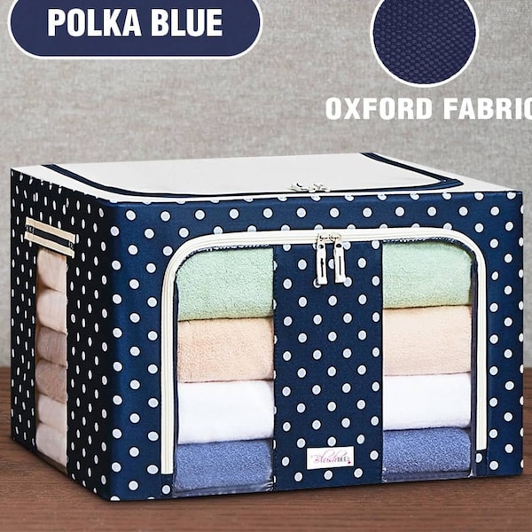 BLUSHBEES™ Oxford Fabric Stainless Steel Frame, Collapsible Storage Boxes For Winter Clothes, Quilt, Blanket Etc (POLKA BLUE)