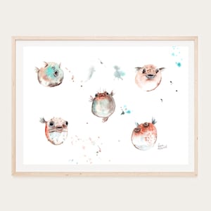 Puffer fish watercolor painting, instant digital download, printable, , wall art, living room, bedroom, home décor,-KarenMorovichDesigns