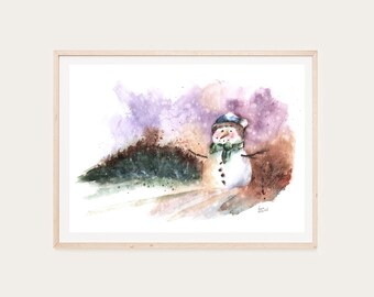 Printable Watercolor Snowman Landscape, Printable Wall Art, Instant digital download, Christmas card