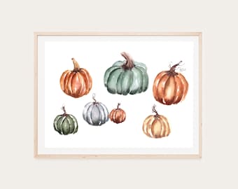 May include: Watercolor painting of seven pumpkins in various shades of green, orange, and brown. The pumpkins are arranged in a cluster on a white background.