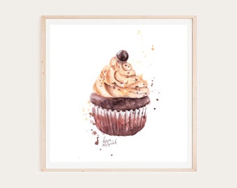 Peinture à l’aquarelle au chocolat Cupcake, téléchargement numérique instantané, imprimable, peint à la main, art mural, salon, chambre d’enfant, décoration intérieure, cadeaux