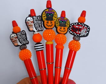 Spooky Pens, Skull Pens, Coffee addict pen, Halloween pens, beaded pens, Cat pen, Pumpkin pen, stationary, stationary pen, orange pen,