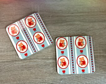 Valentine heart, retro inspired, retro teddy bear, gingham retro, valentines coasters, valentines teddy bear coasters gift