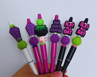 Witchy pen, coffin pen, final girl pen, slay the day pen, spooky pen, spooky stationery, halloween stationery, witchy gift, beaded pen,