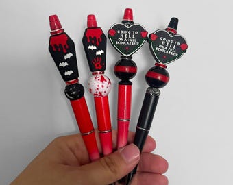 Spooky Pens, spooky stationary, Coffin pen, coffin stationary, bat pen, Going to hell, going to hell pen, stationary, beaded pens,Stationery