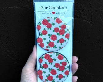 rose car coasters, rose coasters, floral coasters, floral car coasters, botanical coaster, botanical car coasters, gift, flower coasters