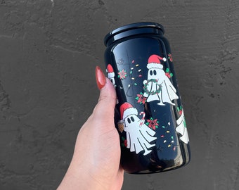 Merry Creepmas Glass Can,Spooky Xmas Cup, Gothmas, Spooky Cup, Ghost Glass Can, Cookies & Milk Glass can, Christmas Glass Can Active Photos