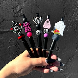 Spooky Pens, Spooky Stationery, Slay the day, Witchy Pen, Planchet Pen,Final girl pen, Final girl, Moth pen, Moth stationery, Going to hell