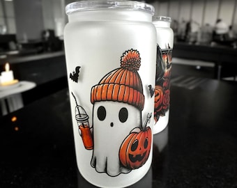 Ghost Glass Can, Ghostie Glass Can, Halloween Glass Can, Spooky Iced Coffee Glass, Pumpkin Glass Can, Pumpkin Spice Tumbler, Halloween Gift