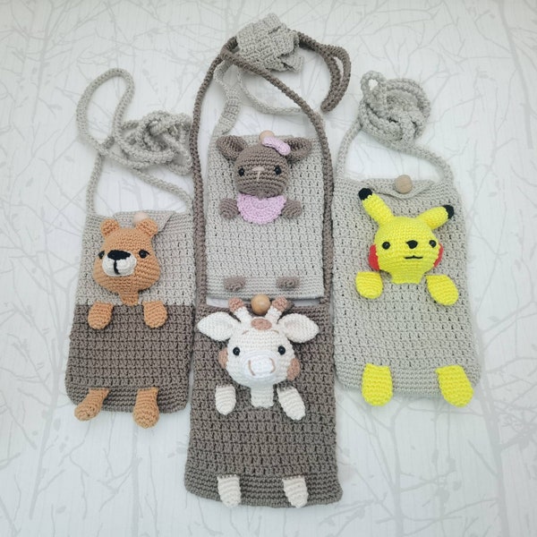 Sacs à bandoulière pour enfants au crochet, sacs pour téléphone portable avec motifs variés, sac girafe, sac lapin, sac avec ours, sac Pikachu