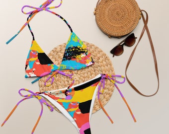 Bikini string recyclé estival, lumineux et imprimé intégral