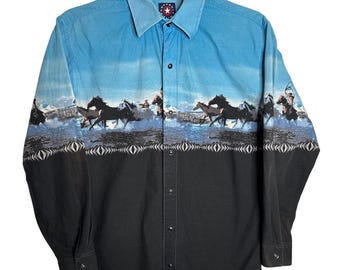 Camisa vaquera ajustada estilo rodeo vintage Panhandle, talla pequeña.