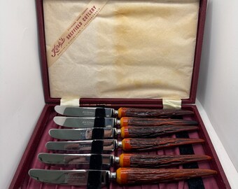 1950s F.A. Kirk Sheffield England Faux Stag Table Knives Set of 6 Boxed