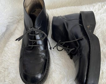 1990s M.C. & Power Black Leather Chunky Rounded Square Toe Boots Portugal 10