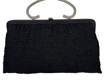 1950s H L USA Black Brocade Evening Bag Silver Handle Made USA