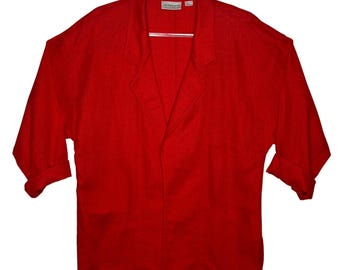 1990s Liz Claiborne Red Linen Open Front Oversized Jacket Size 6 M/L