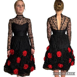American Vintage An original by DUSAUZAY black Lace sheer dress with Red Roses high neck  size xs