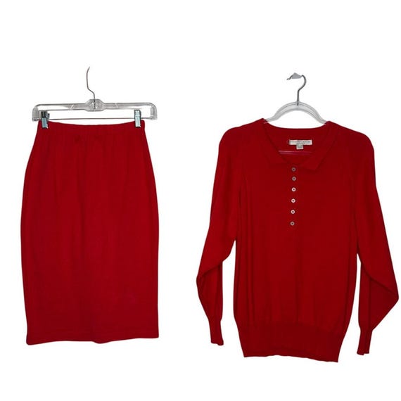 Geoffrey Beene, Vintage 1990s Geoffrey Beene Red Cotton Knit Sweater & Skirt Set USA made XS