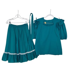 Vintage 1970s Partners Please Malco Modes Green Prairie Skirt Top Set M USA