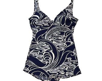 Vintage jaren 1950 Jantzen marineblauw wit Bri nylon badpak groot