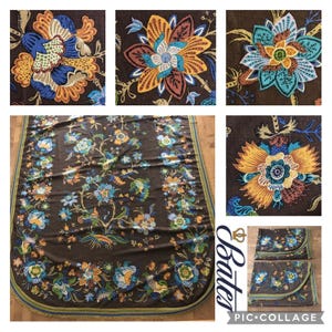 May include: A brown floral textile with a repeating pattern of stylized flowers in shades of blue, orange, and yellow. The textile has a green and blue border. The image includes close-ups of the floral design and a Bates logo.