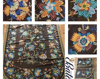 Vintage 1970s Bates Floral Twin Bedspread Fringe Brown Blue