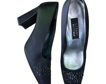 1990s Stuart Weitzman Black Satin Embellished Pumps Block Heel Size 10.5B