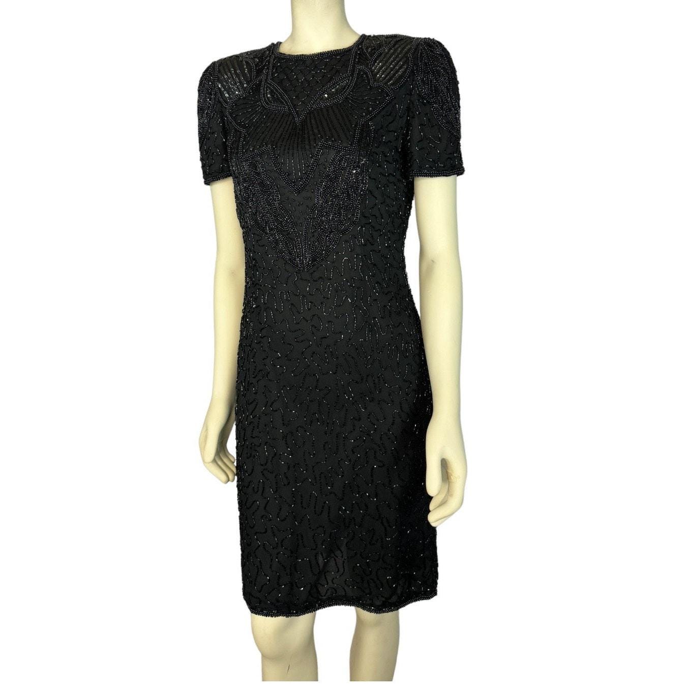 パーティードレス Black Beaded Silk Dress 80s Vintage Black Silk Beaded Cocktail Dress / Elegant Party