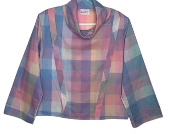 1990s Shirt Accent Pastel Plaid Semi Sheer Turtleneck Blouse Medium