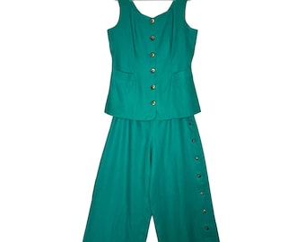 Conjunto de pantalón y pantalón de lino turquesa Ronet de los años 90, fabricado en EE. UU., talla XL para mujer (tallas grandes).