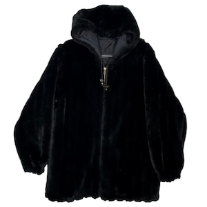 1990s Komitor Reversible Silk Faux Fur Hooded Coat Medium