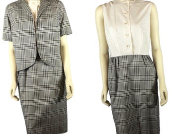 1960-tals vintage California Girl Travel Uniform Set Rutig klänning/kavaj S-M