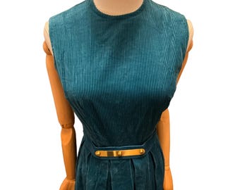 Vintage 1960s Bobbie Brooks Teal Corduroy Pleated Belted Dress Cotton USA XS