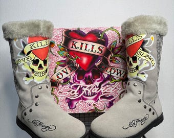 Ed Hardy Love Kills Slowly Grey Suede Fur Bootstrap Boots Y2K US 8