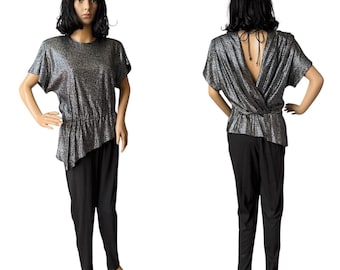 Mono metálico con espalda descubierta de PG Collections de los años 80, fabricado en EE. UU., talla S/M