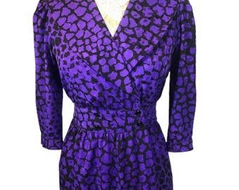 Vintage 1980s Maggy London Jeanne Bouvier Purple Animal Print Dress XS P