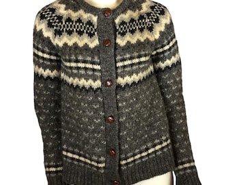 Kardigan wełniany Eskimo Knitwear Fair Isle z lat 70. i 80. XX wieku, wyprodukowany w Anglii, rozmiar średni