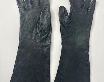 Vintage 50s–60s Alexander’s France Black Leather Silk Lining Opera Gloves size 7