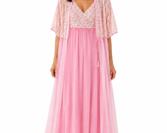 Vintage Berkliff roze peignoir set kamerjas uit de jaren 70, klein VS