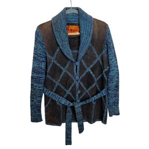 Vintage 70-tals mockastickad lapptäckejacka med skärp, liten