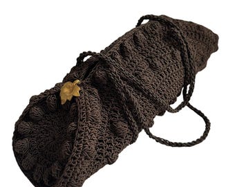 1940s Vintage Brown Cordé Crochet Handbag Gold Leaf Pull Double Handle 14”