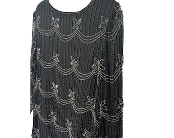 1990s Papell Boutique Silk Beaded Sequin Top Small Medium Black