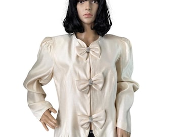 1990s Leslie Fay Evenings Champagne Rhinestone Bow Blazer Jacket NWT Large