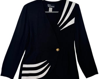 Blazer vintage de los años 80 de Jason Matthews, blanco y negro, con estampado abstracto. Talla 8 de EE. UU.