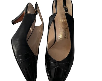 Vintage 1980s Salvatore Ferragamo Black Leather Slingback Heels Size 8B Italy