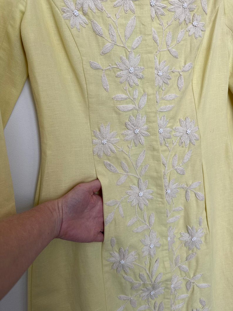 Vestido recto de lino y algodón amarillo limón bordado de Plenty Tracy Reese de Anthropologie, talla 6 imagen 9