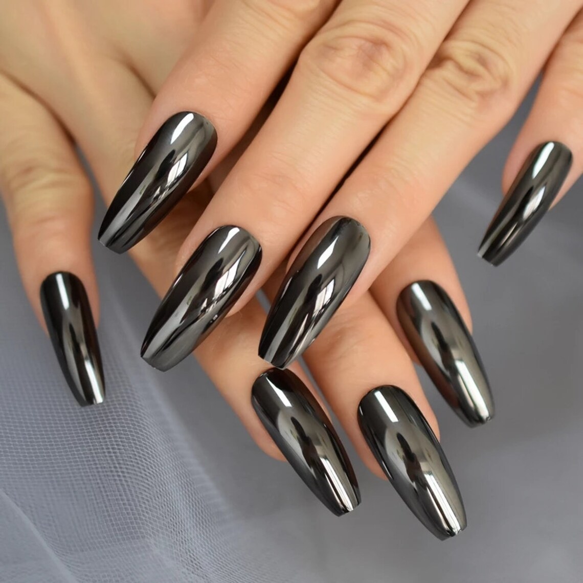 24 Gunmetal Gray Chrome Press on Nails Glue on Mirror Shiny Etsy