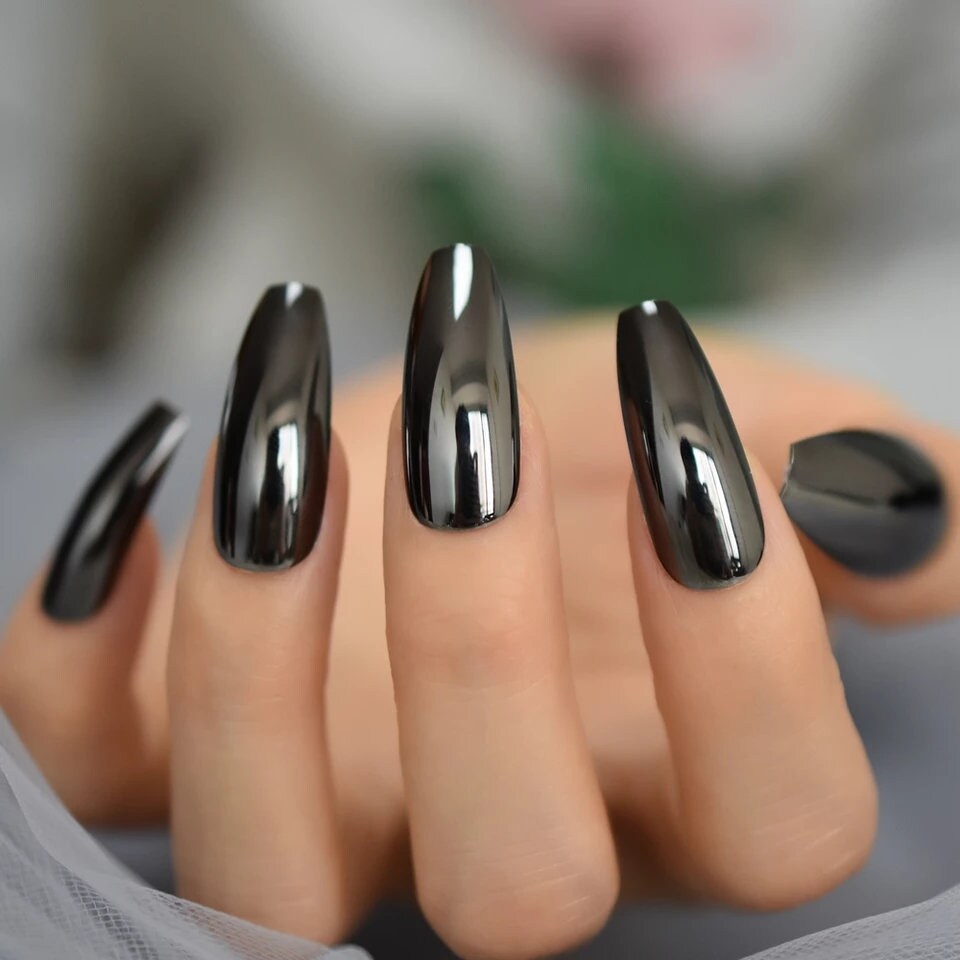 24 Gunmetal Gray Chrome Press on Nails Glue on Mirror Shiny Etsy