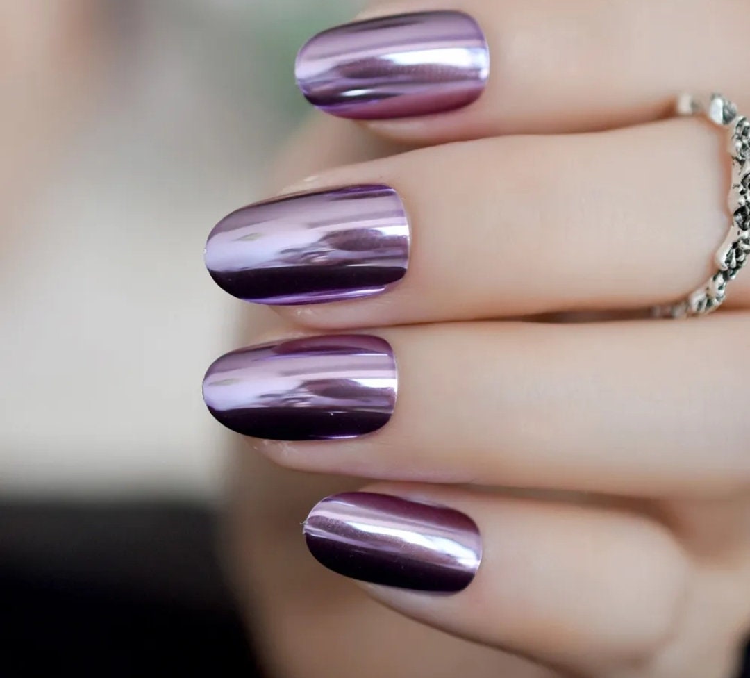 24 Light Purple Chrome Almond Press on Nails Kit With Glue - Etsy